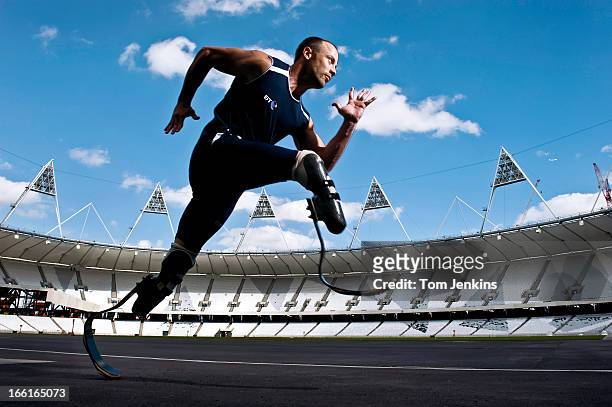 Oscar Pistorius, the South African paralympian, poses for a portrait in the Olympic Stadium on May 23rd 2011 in Stratford, London . An image from the...