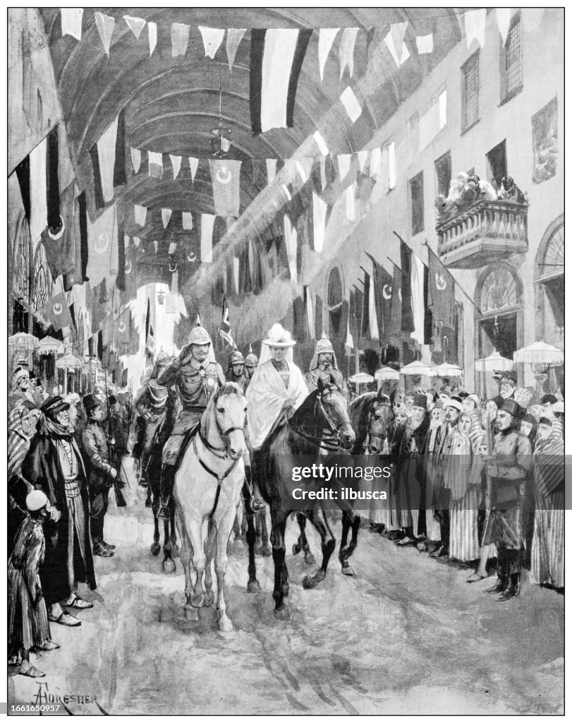 Antique image from British magazine: Visit of German Emperor to Syria, Grand Bazaar at Damascus