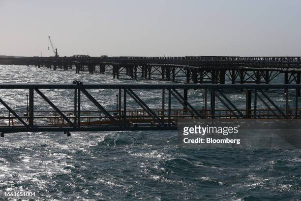 The jetty head at The Gorgon liquefied natural gas and carbon capture and storage facility, operated by Chevron Corp., on Barrow Island, Australia,...