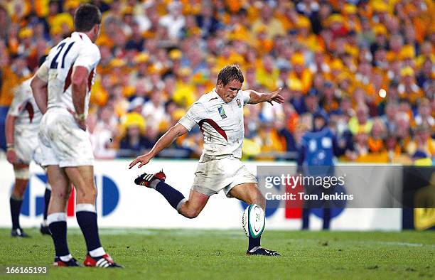Jonny Wilkinson of England kicks the winning drop-goal against Australia in the 2003 Rugby World Cup Final at the Telstra Stadium on November 22nd...