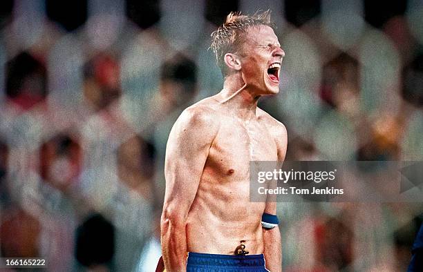 Kennet Andersson of Sweden reacts on the final whistle as his side lose 2-1 to Belgium in the opening game of the Euro 2000 football tournament at...