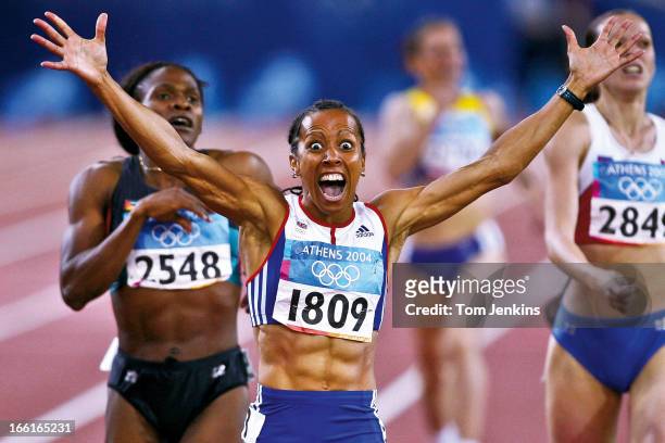 Kelly Holmes of Great Britain reacts as she realises she has won the Olympic women's 800 metres final at the Olympic Stadium on August 23rd 2004 in...