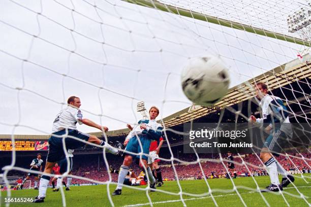 Eric Cantona of Manchester United scores the only goal of the game during the F.A. Cup Final Manchester United versus Liverpool at Wembley Stadium on...