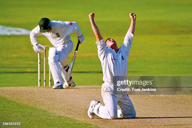 Darren Gough of England celebrates taking the wicket of Mark Boucher thus achieving his 5th wicket of the South African 2nd innings during the 5th...