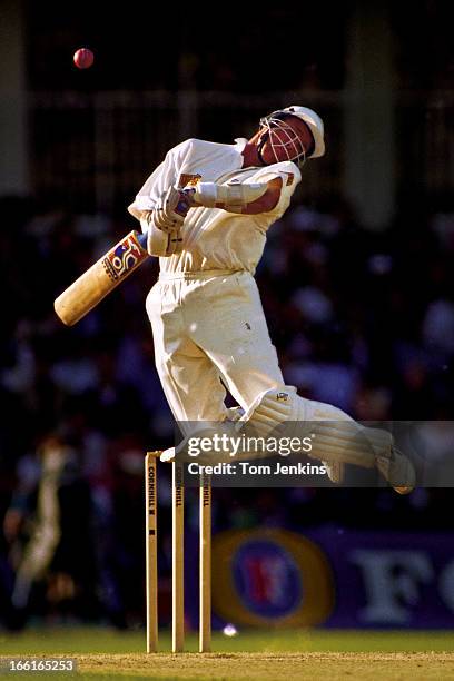 Alec Stewart of England avoids a bouncer from Wasim Akram of Pakistan during the 3rd test match England versus Pakistan at the Oval cricket ground on...