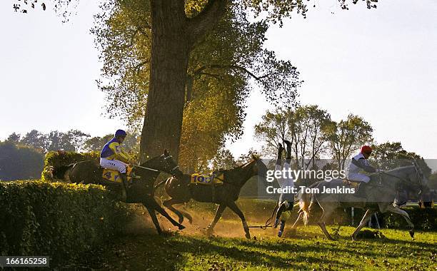 Jockey Radek Havelka takes a spectacular fall off his horse Iraklion at fence 25 of the 115th Velka Pardubice steeplechase at the Pardubice...