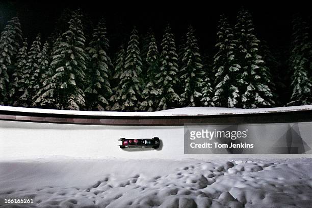 The Great Britain women's bobsleigh team of Nicola Minichiello and Jackie Davies competing in the World Cup Final event at the Altenberg track on...