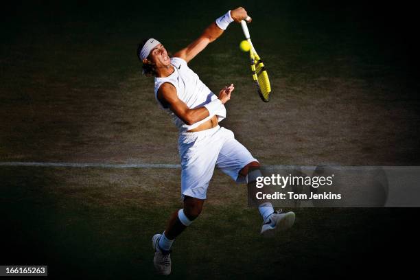 Rafael Nadal of Spain in action during his men's singles match with Nicolas Kiefer of Germany on Centre Court at the Wimbledon tennis championships...