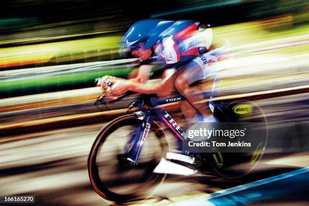 Viacaslav Ekimov of Russia on his way to winning the Olympic men's road race cycling time-trial at Centennial Parklands on September 30th 2000 in...