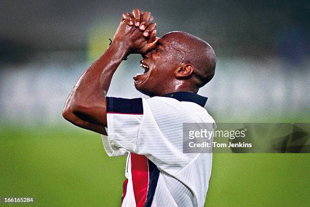 England footballer Ian Wright breaks down in celebration as the final whistle goes to end the Italy v England FIFA World Cup qualifying match in a...
