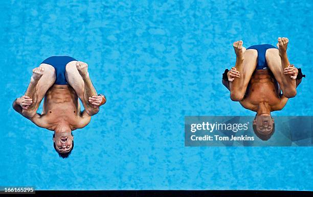 The British pair of Blake Aldridge and Tom Daley competing in the Olympic men's synchronised 10m platform diving competition in the Water Cube arena...