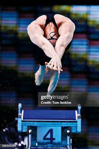 Swimmer dives into the pool at the start of his leg during the men's 4 x 100m freestyle relay final during the World Short Course Swimming...