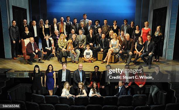 Nominees for the Olivier Awards 2013 with MasterCard pose on stage for a celebratory group photo, back row stage standing Jon Morell, Lee Curran,...