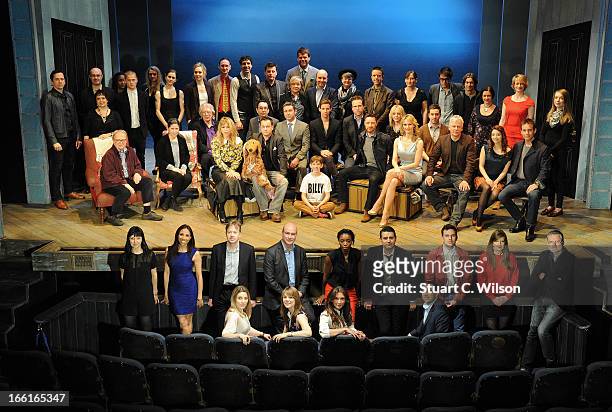 Nominees for the Olivier Awards 2013 with MasterCard pose on stage for a celebratory group photo, back row stage standing Jon Morell, Lee Curran,...