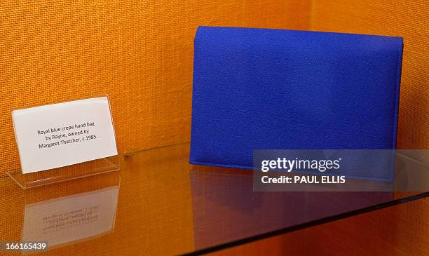 Handbag of former British prime minister Margaret Thatcher is displayed in the Margaret Thatcher exhibition at the Grantham Museum in Grantham,...