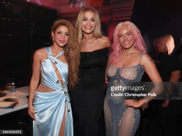 Shakira, Rita Ora and Karol G at the 2023 MTV Video Music Awards held at Prudential Center on September 12, 2023 in Newark, New Jersey.