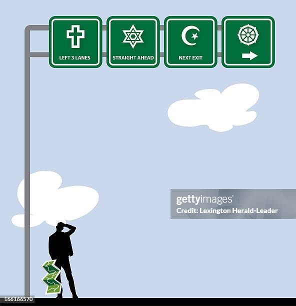 Chris Ware illustration of man with roadmap looking at road signs that represent Christianity, Judaism, Islam and Buddhism; can be used with stories...