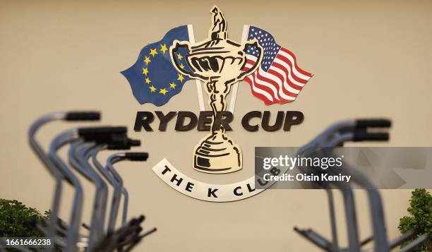 Detail view of Ryder Cup signage on the clubhouse prior to the Horizon Irish Open at The K Club on September 05, 2023 in Straffan, Ireland.