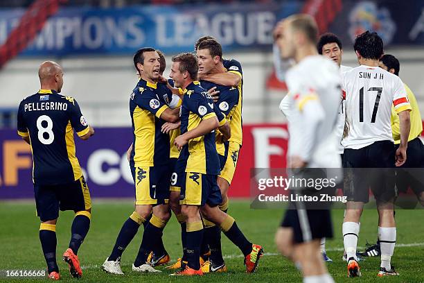 Team of Central Coast Mariners celebrates scoring their goal during the AFC Champions League match between Guizhou Renhe and Central Coast Mariners...
