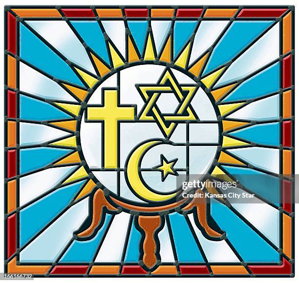 Gentry Mullen illustration of stained glass window with Christian, Jewish and Muslim symbols.