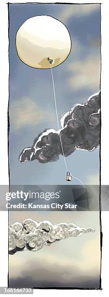 Hector Casanova illustration of weather balloon climbing into the sky.