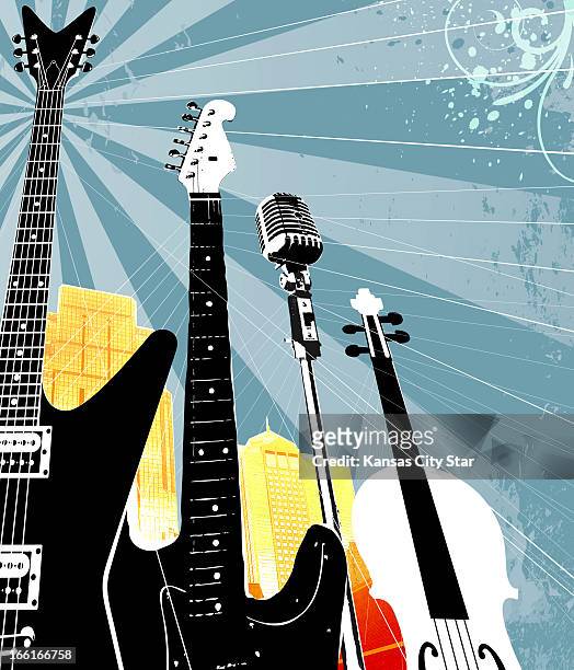 Hector Casanova illustration of microphone, guitars, violin in front of cityscape ; can be used with stories about live music.