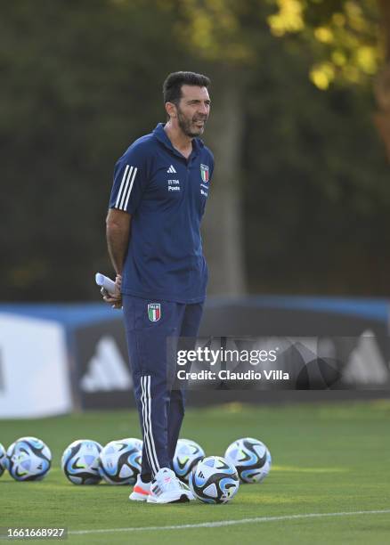 Italy Head of Delegation Gianluigi Buffon looks on during a Italy training session at Centro Tecnico Federale di Coverciano on September 05, 2023 in...