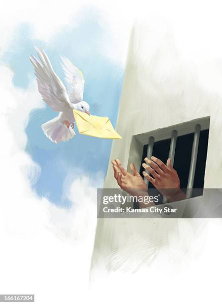 Eric Hibbeler illustration of dove bringing a message to hands reaching through a barred window; can be used with stories about faith, hope behind...