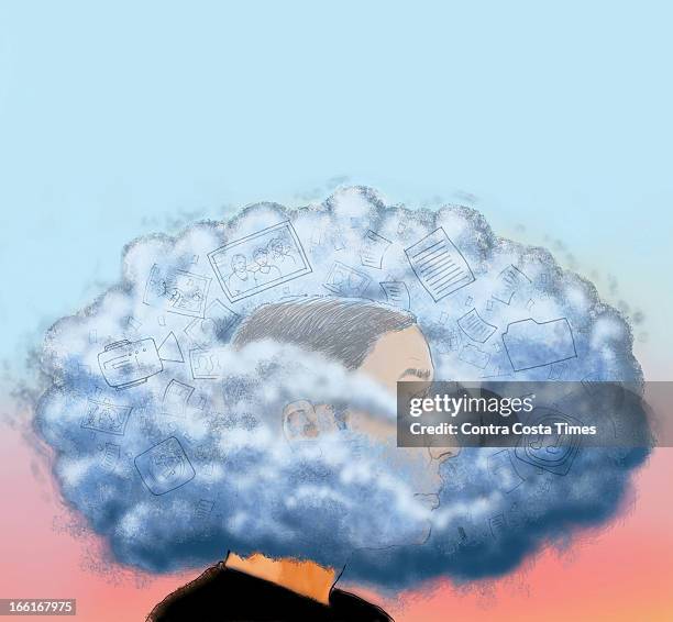 Chuck Todd illustration of man's head lost in the Cloud; can be used with stories about whether or not the Cloud is all it is cracked up to be.