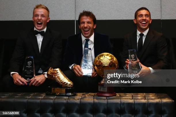 Rhyan Grant posing with the Sydney FC A-League Players’ Player of the Year award, Alessandro Del Piero posing with the Golden Boot Award, the Sydney...