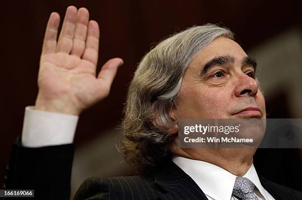 Secretary of Energy nominee Ernest Moniz is sworn in before the Senate Energy and Natural Resources Committee April 9, 2013 in Washington, DC. Moniz,...