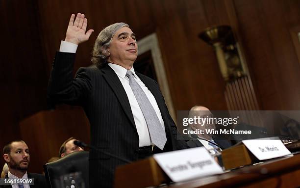 Secretary of Energy nominee Ernest Moniz is sworn in before the Senate Energy and Natural Resources Committee April 9, 2013 in Washington, DC. Moniz,...