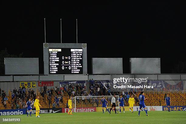 Scorebord at time up during the AFC Champions League Group H match between Kashiwa Reysol and Suwon Bluewings at Hitachi Kashiwa Soccer Stadium on...