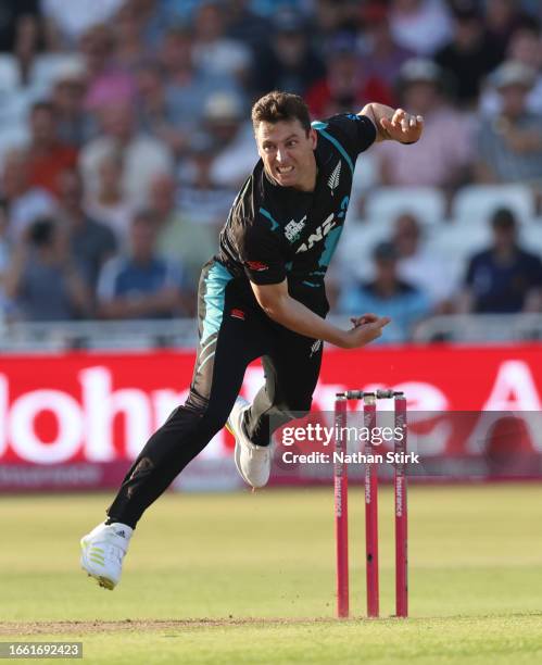 Matt Henry of New Zealand bowls during the 4th Vitality T20I match between England and New Zealand at Trent Bridge on September 05, 2023 in...