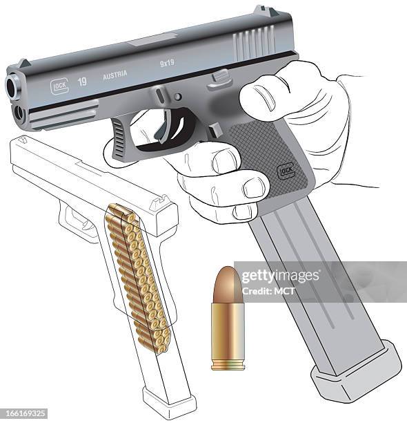 Lee Hulteng illustration of the compact Glock 19 semi-automatic pistol showing a high-capacity magazine inserted in the grip, with cutaway sthat hows...