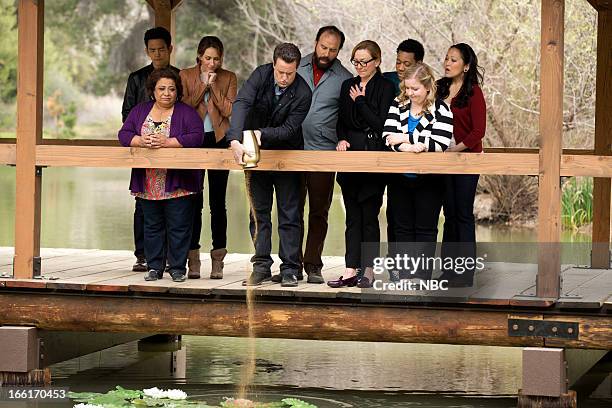 Urn-ed Run" Episode 122 -- Pictured: John Cho as Steven, Tonita Castro as Fausta, Laura Benanti as Lauren, Matthew Perry as Ryan King, Brett Gelman...