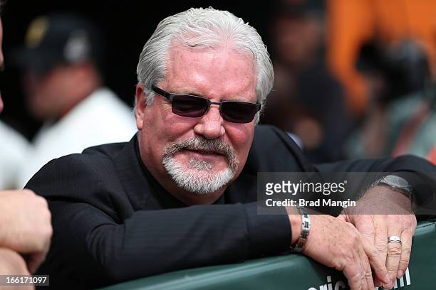 General manager Brian Sabean of the San Francisco Giants looks on from the dugout before the game against the St. Louis Cardinals on Sunday, April 7,...