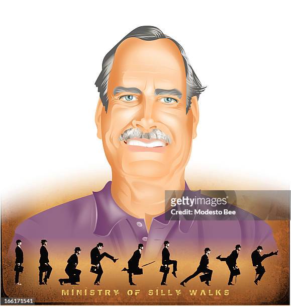 Laurie McAdam color illustration of comedian John Cleese, with images of him doing his legendary walk for the Monty Python "Ministry of Silly Walks"...