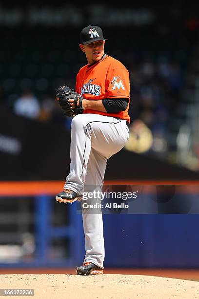 Jose Fernandez of the Miami Marlins pitches against the New York Mets during their game on April 7, 2013 at Citi Field in the Flushing neighborhood...