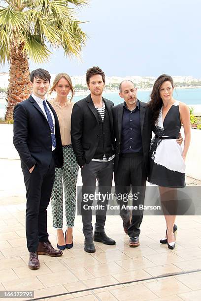 Blake Ritson, Laura Haddock, Tom Riley, writer David S. Goyer and Lara Pulver attend a photocall for the tv series'Da Vinci's Demons' at MIP TV 2013...