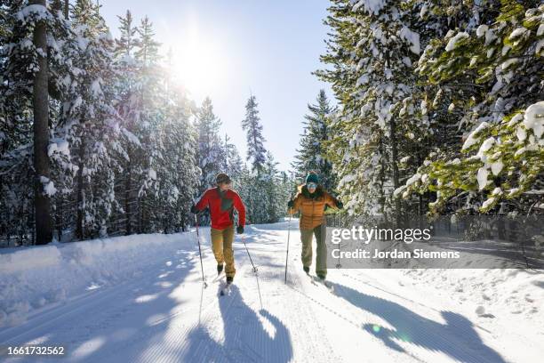 a couple cross country skiing on a beautiful winter day. - esqui e snowboard imagens e fotografias de stock