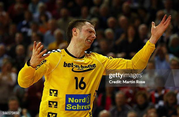 Soeren Rasmussen, goaltender of Flensburg reacts during the DKB Handball Bundesliga match between SG Flensburg-Handewitt and HSV Hamburg at Flens...