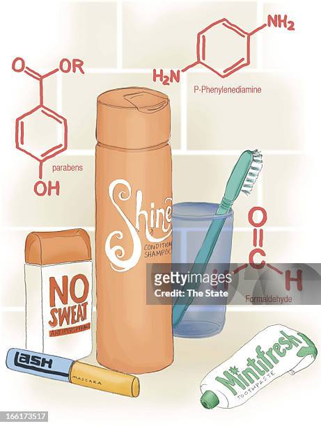 Susan Ardis color illustration of chemicals surrounding everyday beauty products - parabens, formaldehyde, etc.