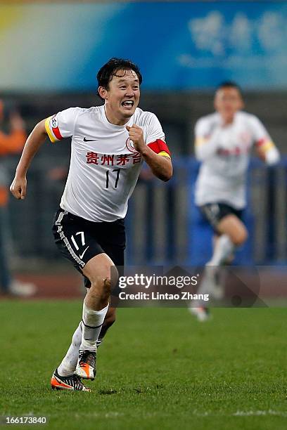 Sun Jihai of Guizhou Renhe celebrates scoring their second goal during the AFC Champions League match between Guizhou Renhe and Central Coast...