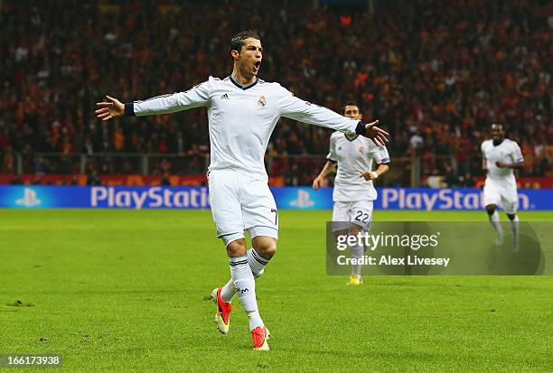 Cristiano Ronaldo of Real Madrid celebrates scoring the opening goal during the UEFA Champions League quarter-final second leg match between...