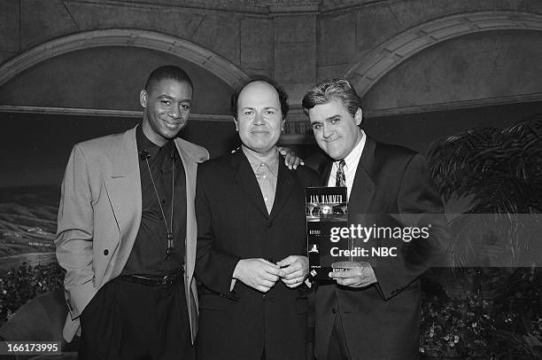 Episode 234 -- Pictured: Bandleader Branford Marsalis, music composer Jan Hammer, host Jay Leno backstage on May 27, 1993--