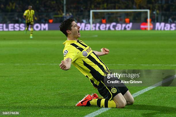 Robert Lewandowski of Borussia Dortmund celebrates scoring their first goal during the UEFA Champions League quarter-final second leg match between...