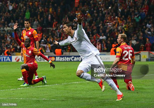Cristiano Ronaldo of Real Madrid celebrates scoring the opening goal during the UEFA Champions League Quarter Final match between Galatasaray AS and...