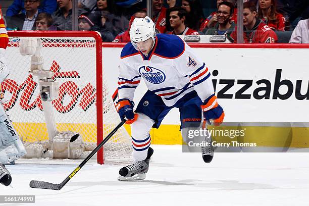 Taylor Hall of the Edmonton Oilers skates against the Calgary Flames on April 3, 2013 at the Scotiabank Saddledome in Calgary, Alberta, Canada. The...