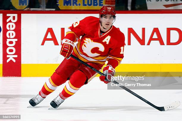 Michael Cammalleri of the Calgary Flames skates against the Edmonton Oilers on April 3, 2013 at the Scotiabank Saddledome in Calgary, Alberta,...